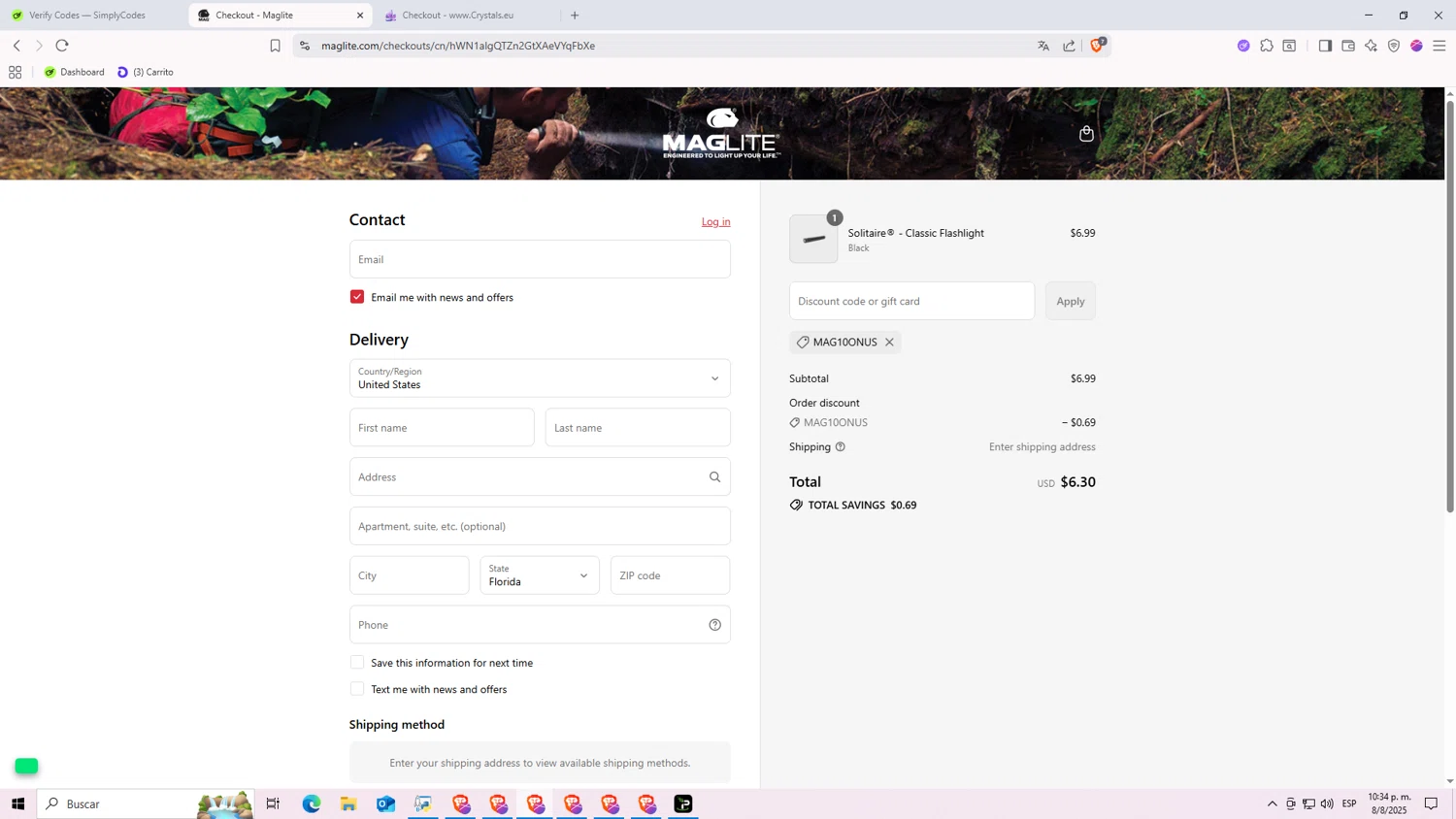 Maglite discount code screenshot showing code MAG10ONUS applied at Maglite checkout page. Uploaded by SimplyCodes community member Monitos on Aug 9, 2025