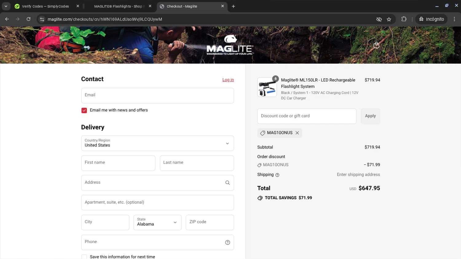 Maglite discount code screenshot showing code MAG10ONUS applied at Maglite checkout page. Uploaded by SimplyCodes community member ThriftyWizard1508 on Jul 27, 2025