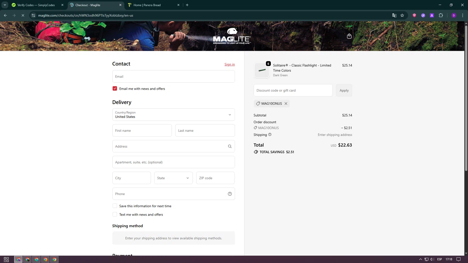 Maglite discount code screenshot showing code MAG10ONUS applied at Maglite checkout page. Uploaded by SimplyCodes community member ValueWhiz5630 on Oct 6, 2025