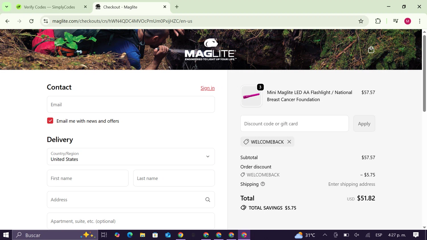 Maglite discount code screenshot showing code Welcomeback applied at Maglite checkout page. Uploaded by SimplyCodes community member CouponAce9216 on Oct 22, 2025