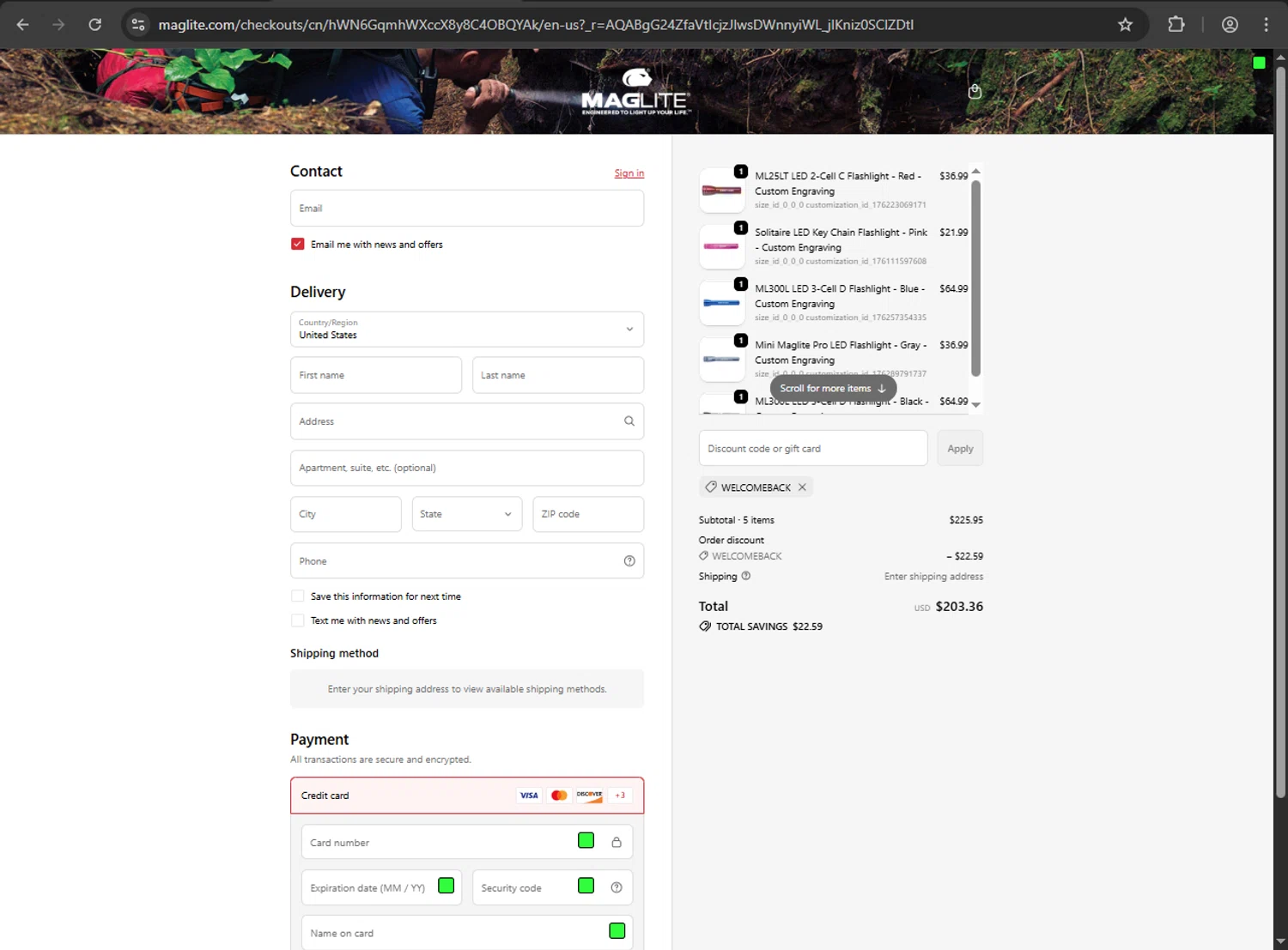 Maglite discount code screenshot showing code Welcomeback applied at Maglite checkout page. Uploaded by SimplyCodes community member JakePerrox on Dec 10, 2025