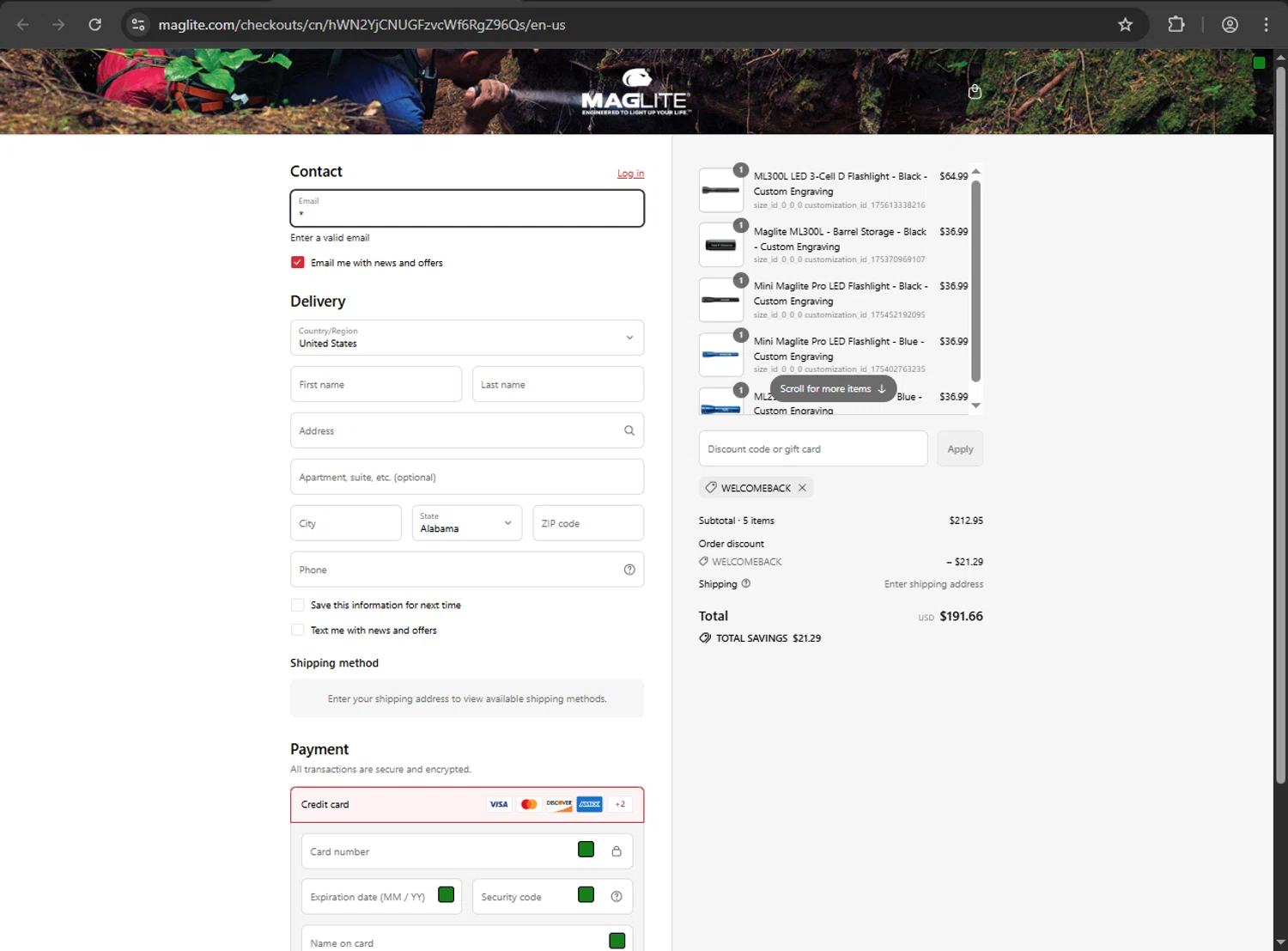 Maglite discount code screenshot showing code Welcomeback applied at Maglite checkout page. Uploaded by SimplyCodes community member nikelson on Sep 3, 2025