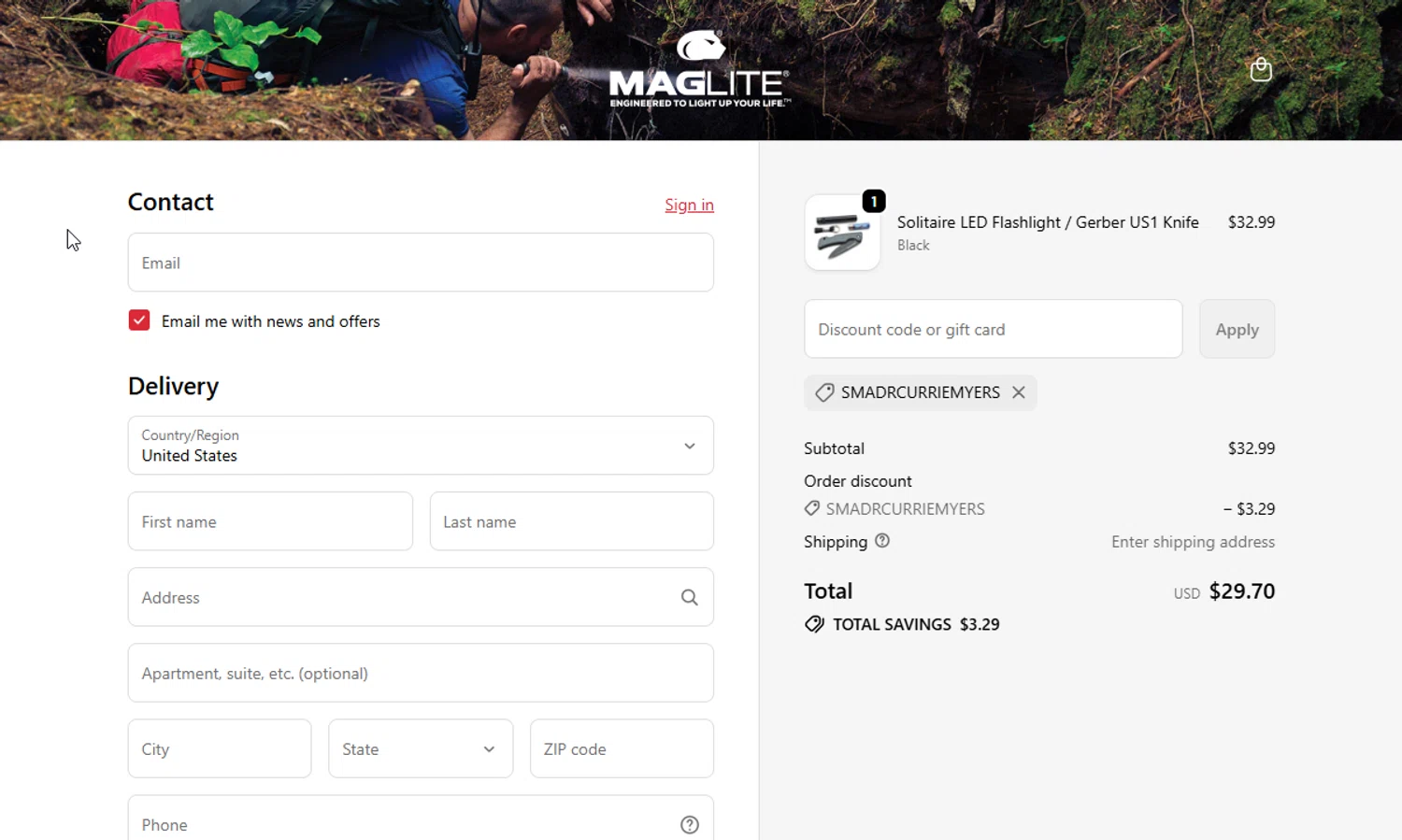 Maglite discount code screenshot showing code SMADRCURRIEMYERS applied at Maglite checkout page. Uploaded by SimplyCodes community member Franklincodes on Oct 22, 2025