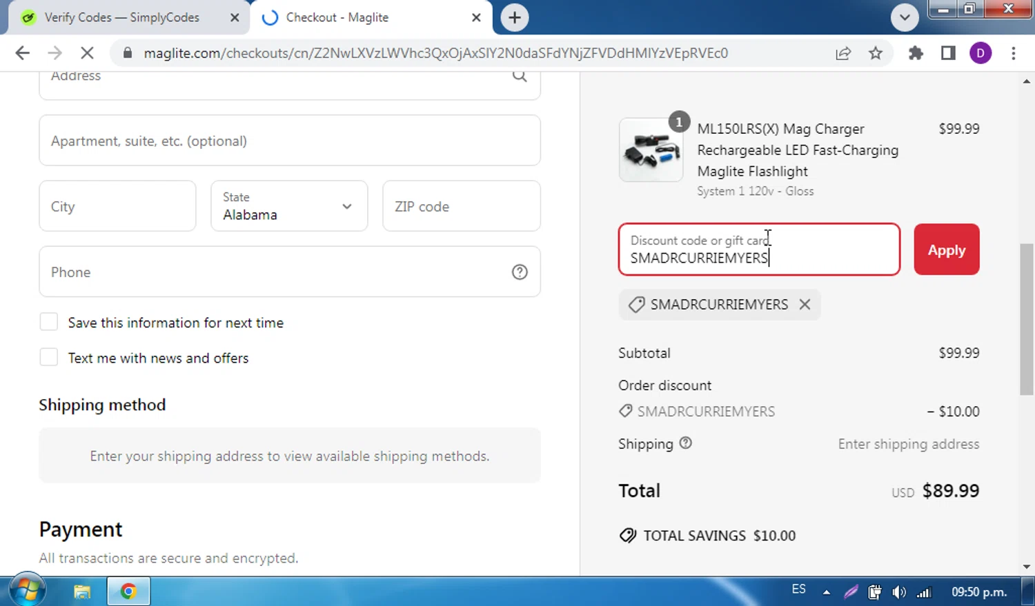 Maglite discount code screenshot showing code SMADRCURRIEMYERS applied at Maglite checkout page. Uploaded by SimplyCodes community member CleverPro5319 on May 14, 2025