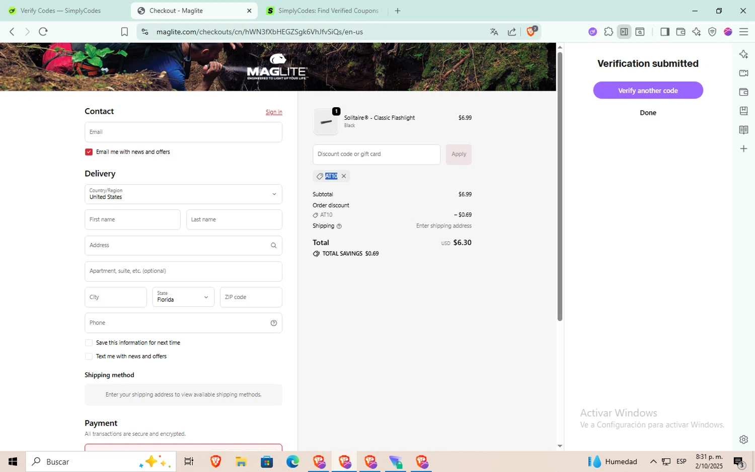 Maglite discount code screenshot showing code AT10 applied at Maglite checkout page. Uploaded by SimplyCodes community member Puta_madre10 on Oct 3, 2025