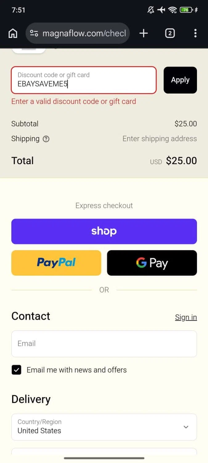 Magnaflow discount code screenshot showing code EBAYSAVEME5 applied at Magnaflow checkout page. Uploaded by SimplyCodes community member RoyalSpotter5217 on Feb 18, 2026