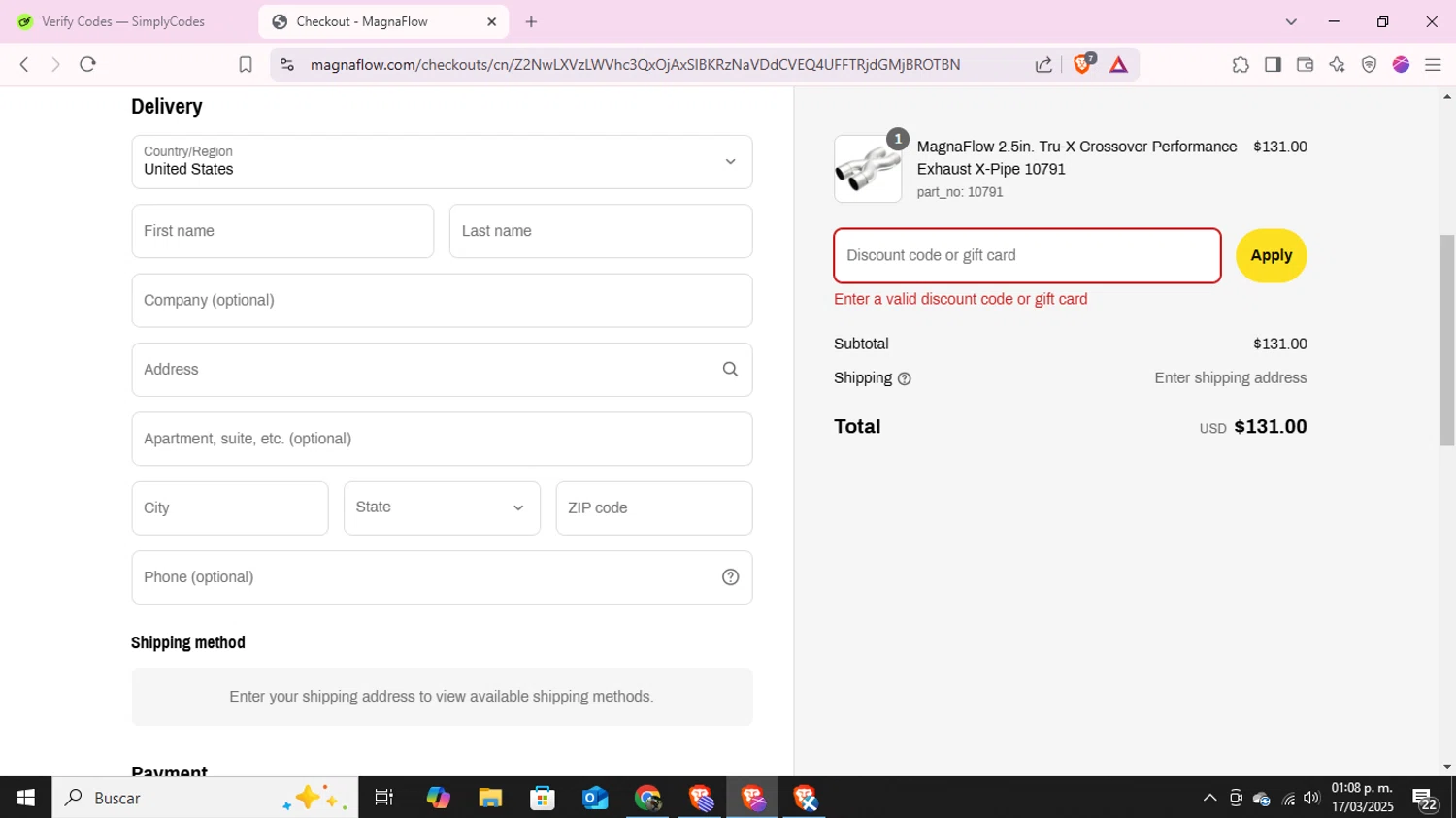 Magnaflow discount code screenshot showing code EBAYSAVEME5 applied at Magnaflow checkout page. Uploaded by SimplyCodes community member RoyalLegend1693 on Mar 17, 2025
