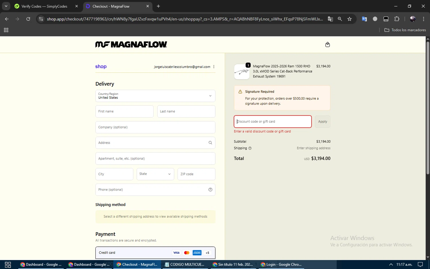 Magnaflow discount code screenshot showing code EBAYSAVEME5 applied at Magnaflow checkout page. Uploaded by SimplyCodes community member gremirhernandez on Feb 19, 2026