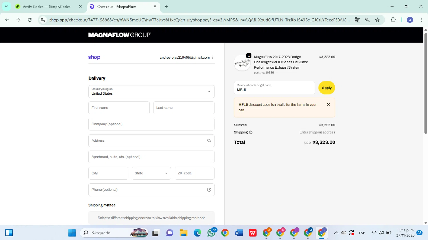 Magnaflow checkout page showing Magnaflow discount code box | Screenshot taken by SimplyCodes community member on Nov 27, 2025