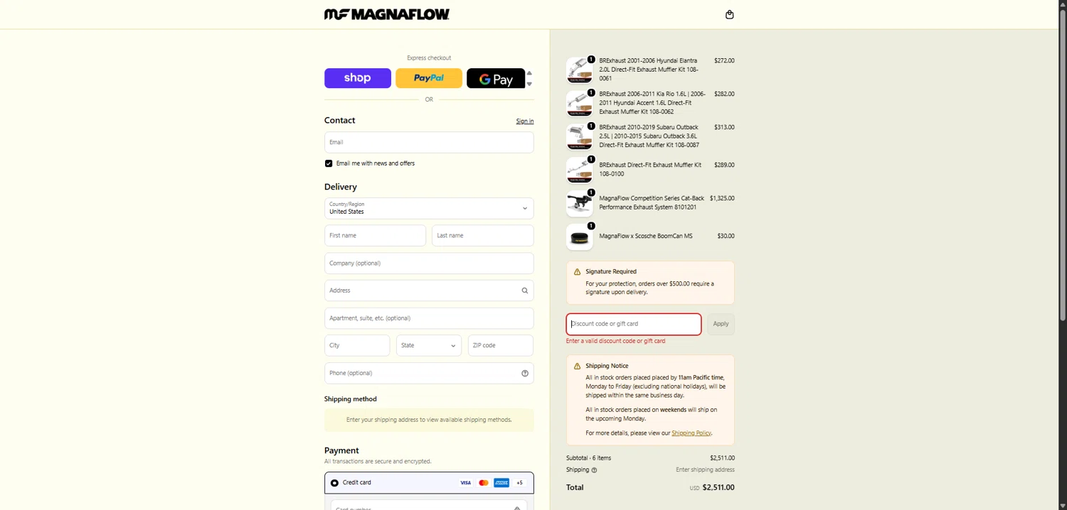 Magnaflow discount code screenshot showing code MF15 applied at Magnaflow checkout page. Uploaded by SimplyCodes community member MightyMaverick3143 on Feb 18, 2026