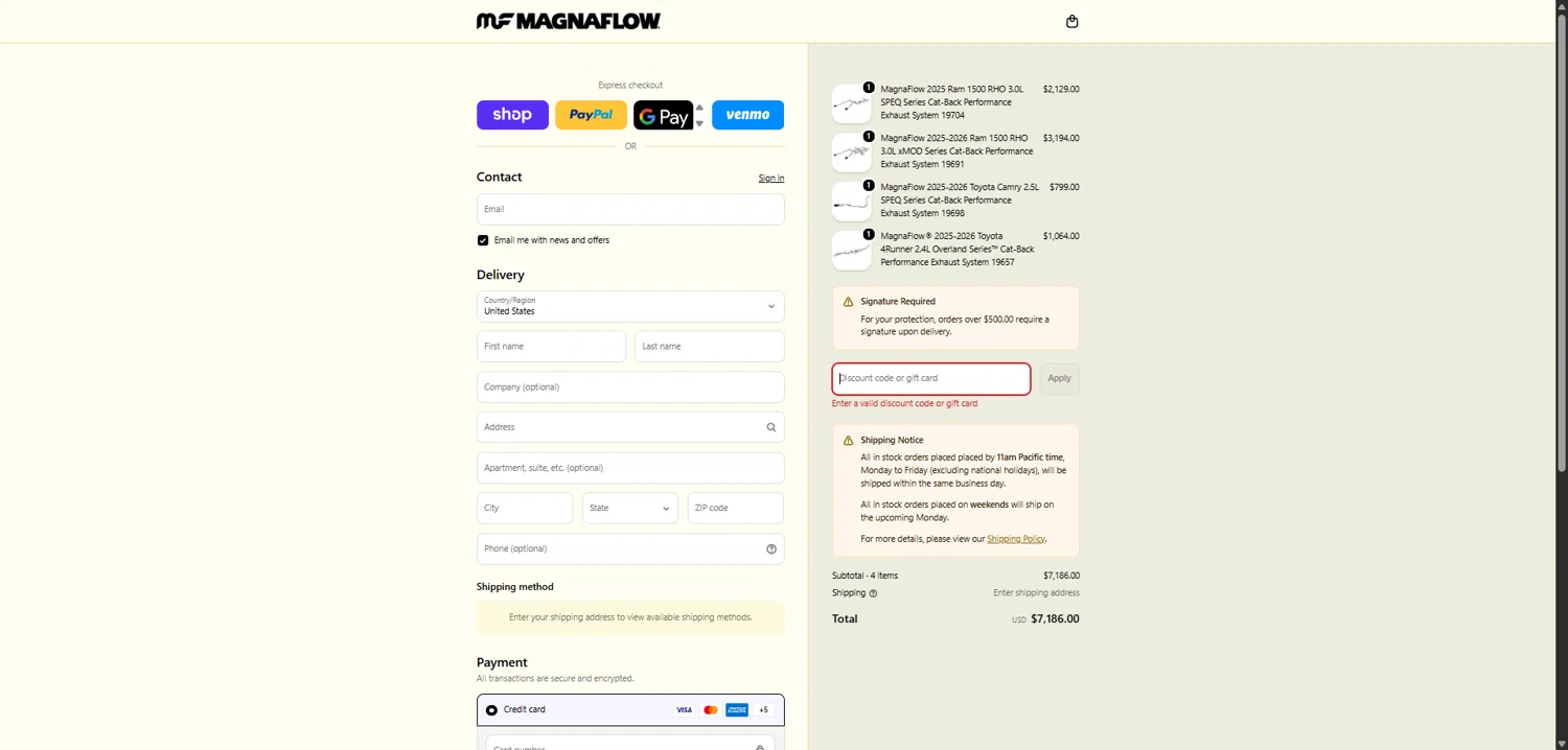 Magnaflow discount code screenshot showing code MF15 applied at Magnaflow checkout page. Uploaded by SimplyCodes community member NobleWarden1688 on Feb 18, 2026