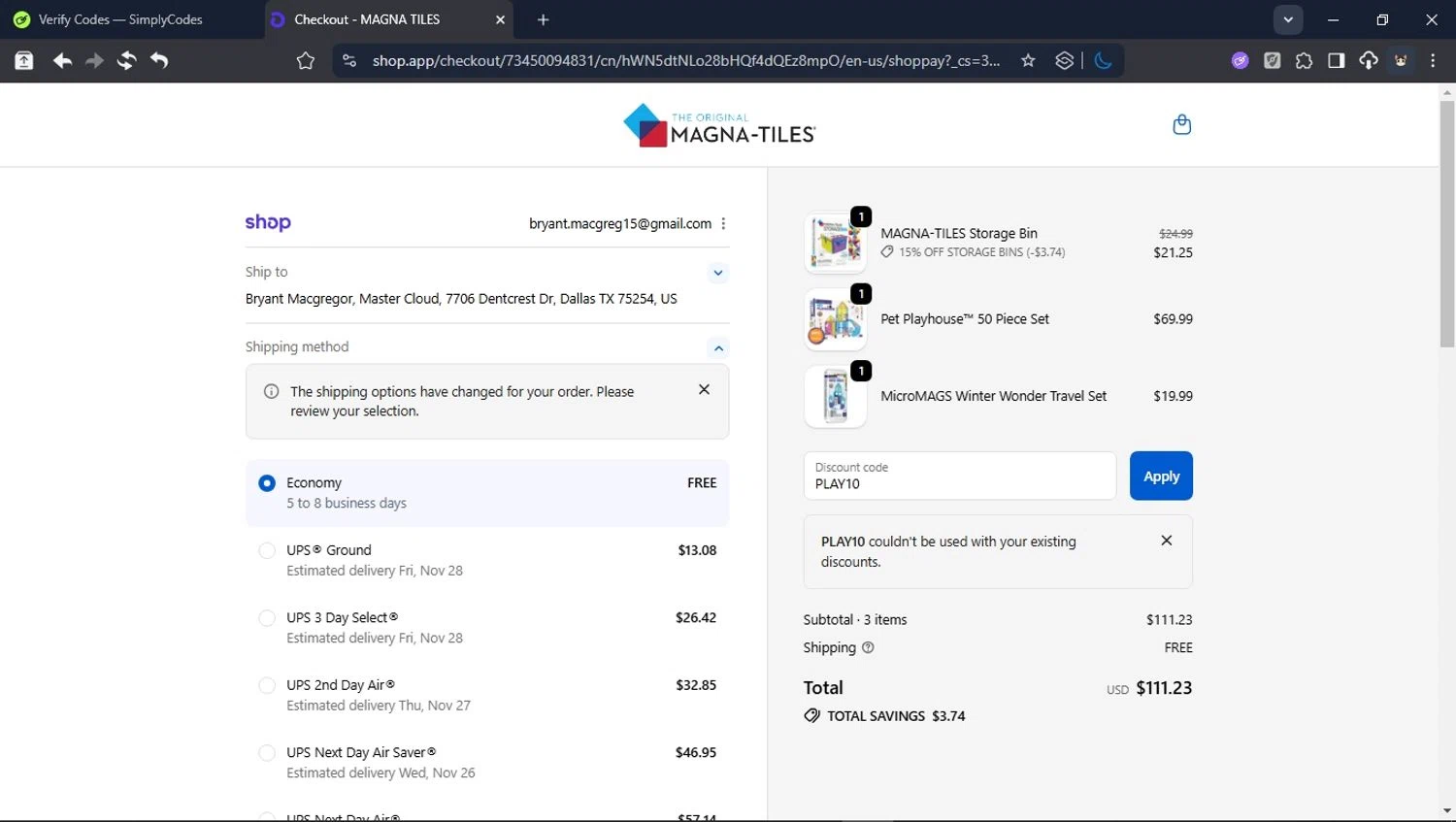 Magna-Tiles coupon code screenshot showing code PLAY10 applied at Magna-Tiles checkout page. Uploaded by SimplyCodes community member PromoSpotter1784 on Nov 24, 2025