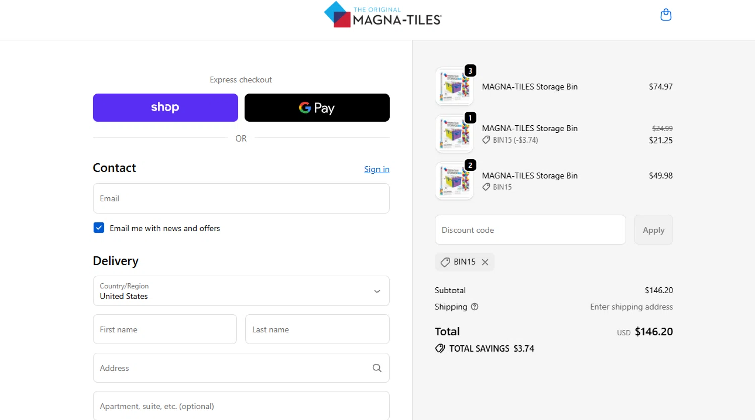 Magna-Tiles coupon code screenshot showing code BIN15 applied at Magna-Tiles checkout page. Uploaded by SimplyCodes community member Corleone on Dec 27, 2025