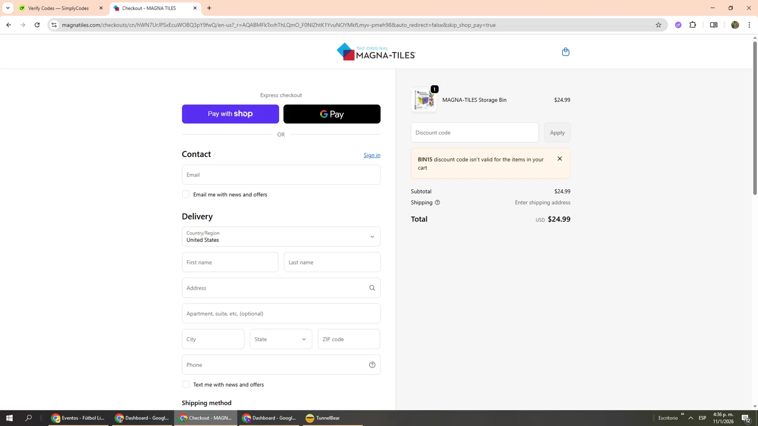 Magna-Tiles coupon code screenshot showing code BIN15 applied at Magna-Tiles checkout page. Uploaded by SimplyCodes community member Phoenix585 on Jan 11, 2026