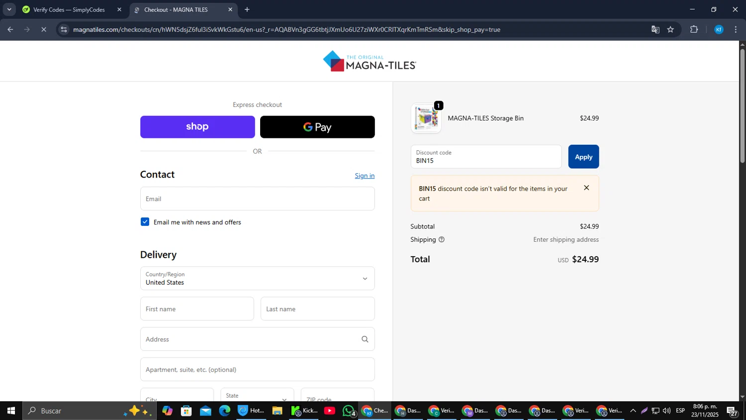 Magna-Tiles coupon code screenshot showing code BIN15 applied at Magna-Tiles checkout page. Uploaded by SimplyCodes community member jorgeyahoo on Nov 24, 2025