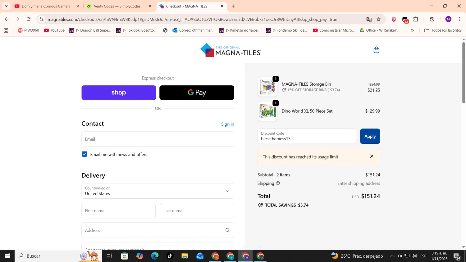 Magna-Tiles coupon code screenshot showing code blessthemess15 applied at Magna-Tiles checkout page. Uploaded by SimplyCodes community member cod_gakpo on Nov 1, 2025