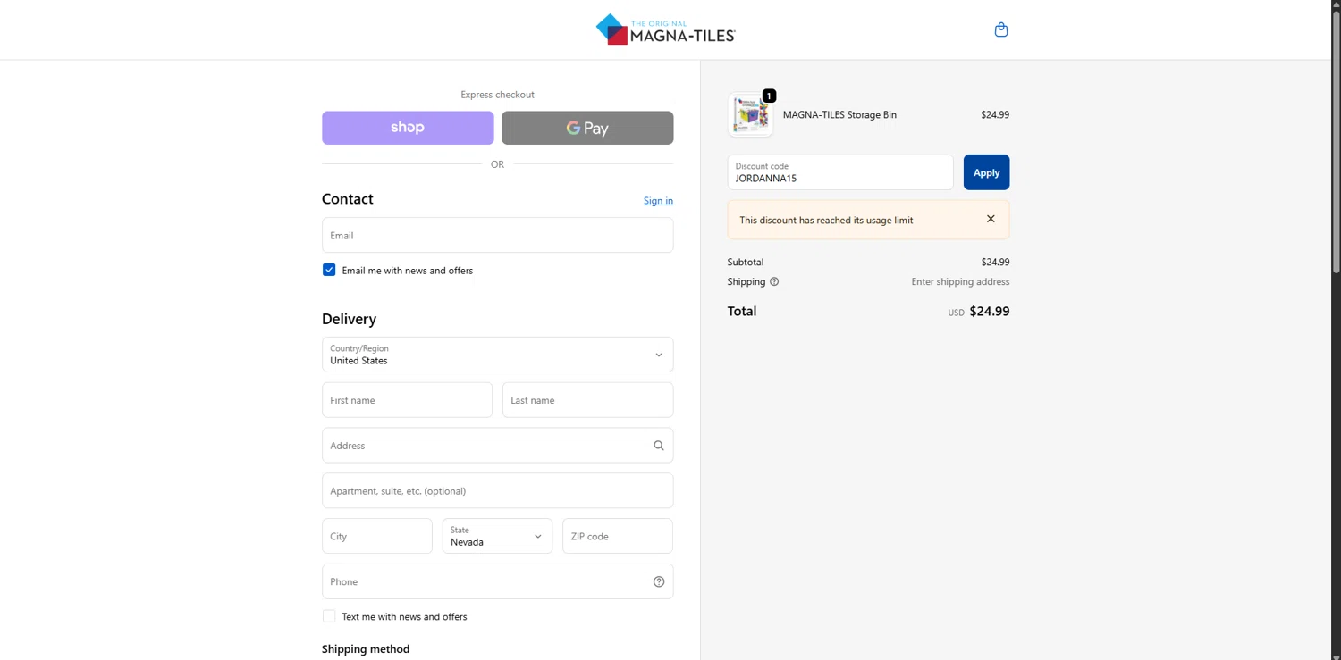 Magna-Tiles coupon code screenshot showing code JORDANNA15 applied at Magna-Tiles checkout page. Uploaded by SimplyCodes community member WonderVirtuoso3484 on Nov 24, 2025