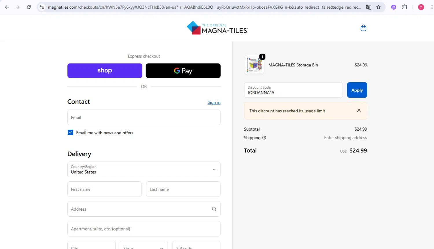 Magna-Tiles coupon code screenshot showing code JORDANNA15 applied at Magna-Tiles checkout page. Uploaded by SimplyCodes community member carmis007 on Nov 24, 2025