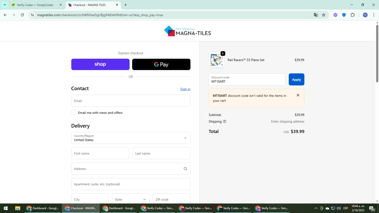 Magna-Tiles coupon code screenshot showing code MT10ART applied at Magna-Tiles checkout page. Uploaded by SimplyCodes community member QuestDefender2661 on Oct 2, 2025