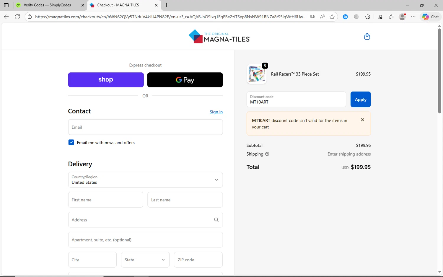 Magna-Tiles coupon code screenshot showing code MT10ART applied at Magna-Tiles checkout page. Uploaded by SimplyCodes community member jechtff10 on Dec 4, 2025