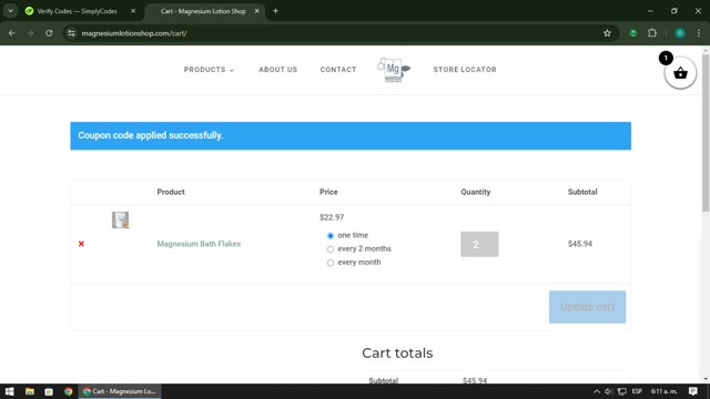 Magnesium Lotion Shop checkout page showing Magnesium Lotion Shop coupon code box | Screenshot taken by SimplyCodes community member on Jun 21, 2024