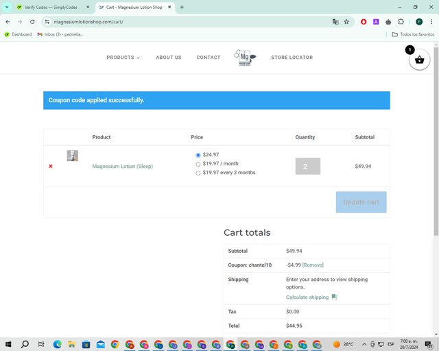 Magnesium Lotion Shop checkout page showing Magnesium Lotion Shop coupon code box | Screenshot taken by SimplyCodes community member on Jul 20, 2024