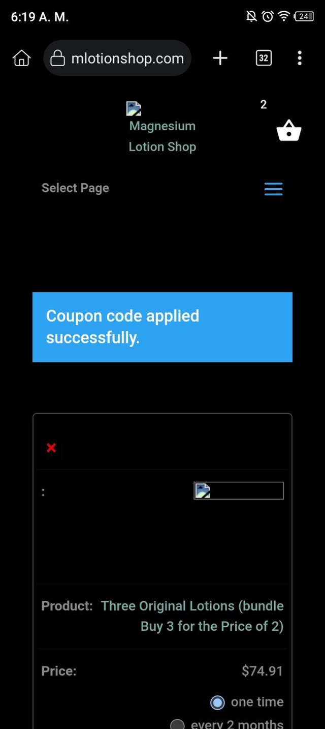 Magnesium Lotion Shop checkout page showing Magnesium Lotion Shop coupon code box | Screenshot taken by SimplyCodes community member on May 5, 2024