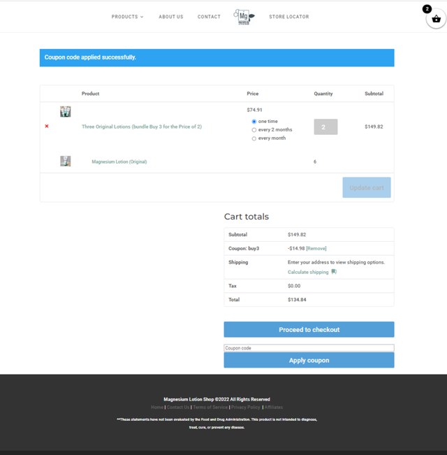 Magnesium Lotion Shop checkout page showing Magnesium Lotion Shop coupon code box | Screenshot taken by SimplyCodes community member on Jul 31, 2024