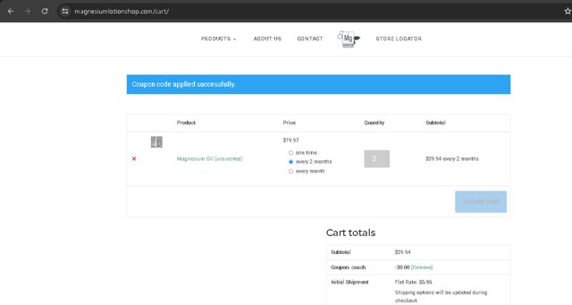 Magnesium Lotion Shop checkout page showing Magnesium Lotion Shop coupon code box | Screenshot taken by SimplyCodes community member on Jul 19, 2024