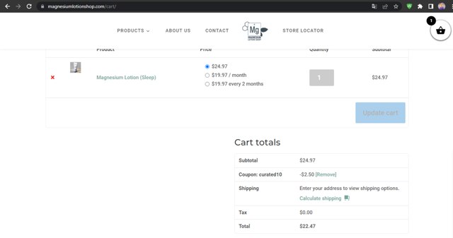 Magnesium Lotion Shop checkout page showing Magnesium Lotion Shop coupon code box | Screenshot taken by SimplyCodes community member on Jul 31, 2024
