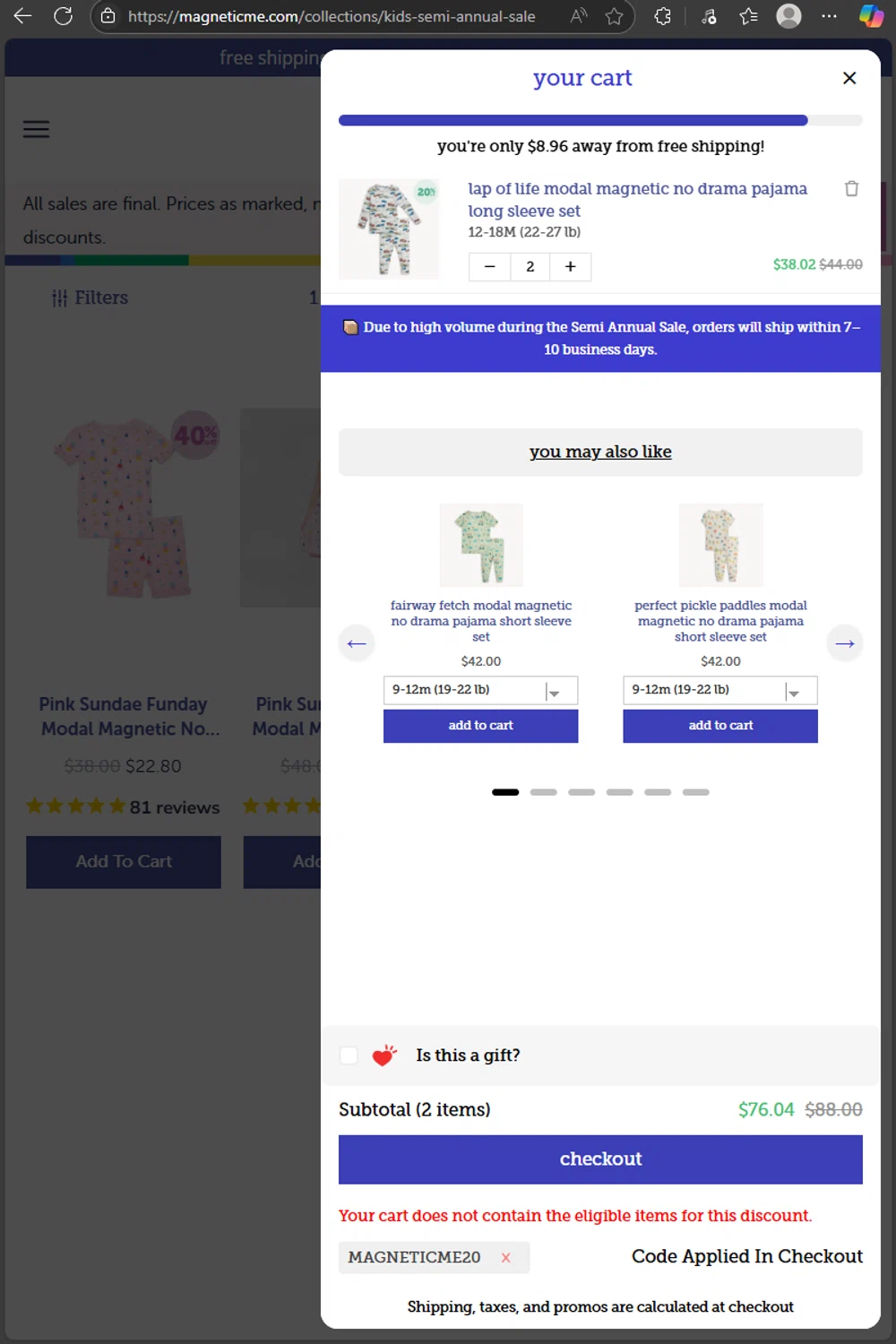 Magnetic Me discount code screenshot showing code MAGNETICME20 applied at Magnetic Me checkout page. Uploaded by SimplyCodes community member kaiser2 on Jun 26, 2025