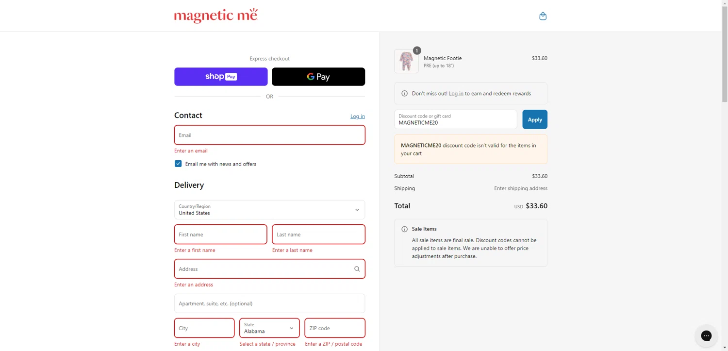 Magnetic Me discount code screenshot showing code MAGNETICME20 applied at Magnetic Me checkout page. Uploaded by SimplyCodes community member ValiantAce1810 on Jul 14, 2025