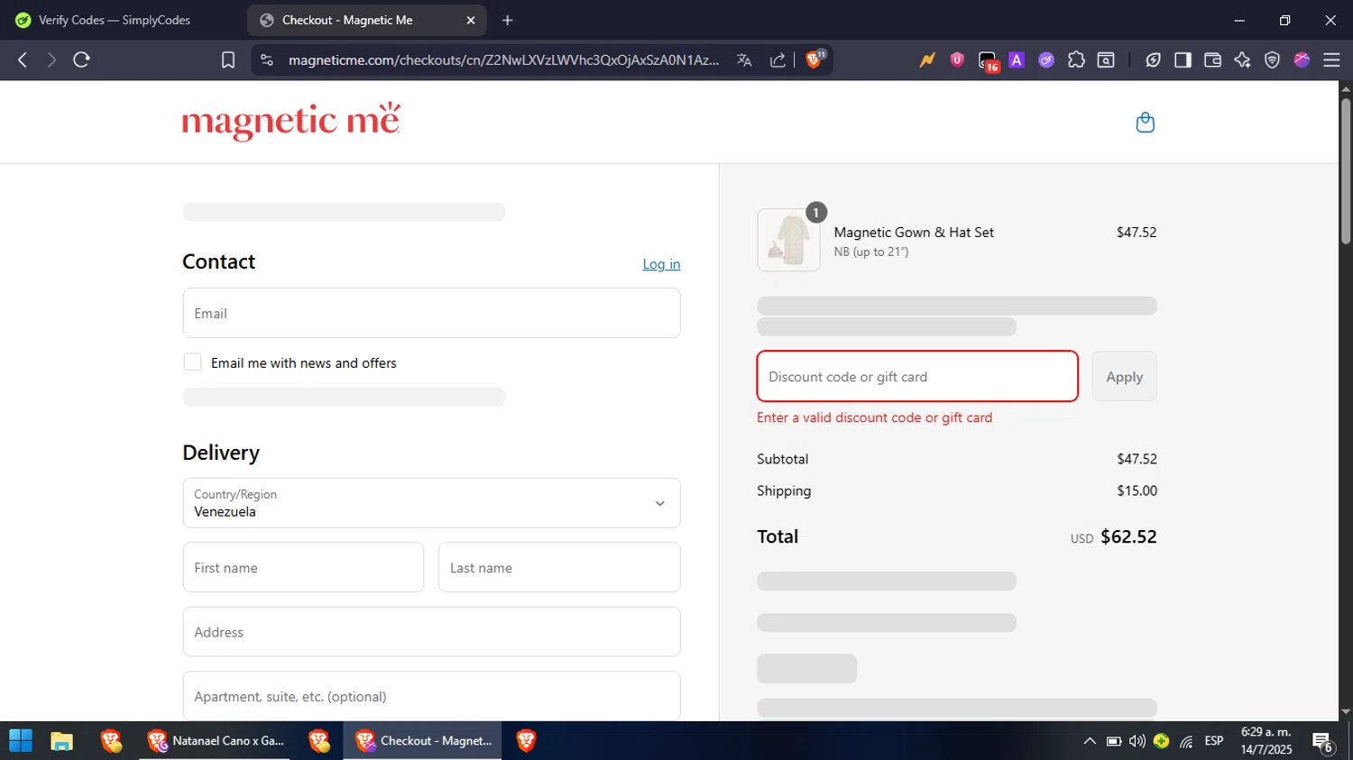 Magnetic Me discount code screenshot showing code LATCHINGWITHGRACE applied at Magnetic Me checkout page. Uploaded by SimplyCodes community member NobleFox488 on Jul 14, 2025