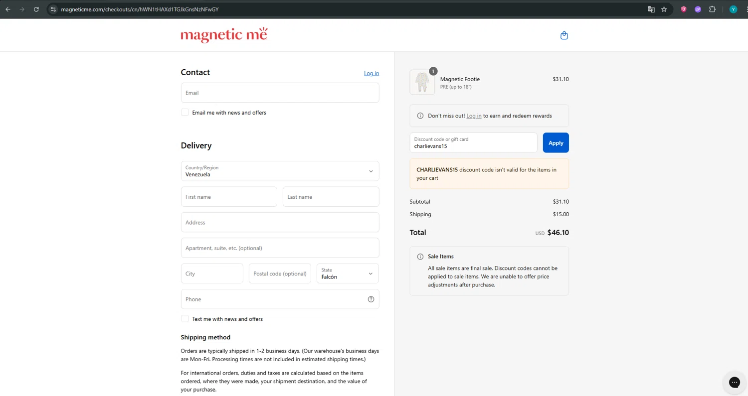 Magnetic Me discount code screenshot showing code charlievans15 applied at Magnetic Me checkout page. Uploaded by SimplyCodes community member ValueTiger695 on Aug 17, 2025