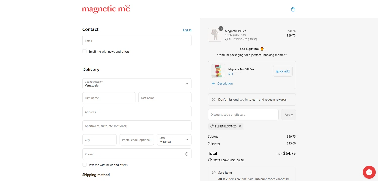 Magnetic Me discount code screenshot showing code ELLIENELSON20 applied at Magnetic Me checkout page. Uploaded by SimplyCodes community member Dorothy on Aug 13, 2025