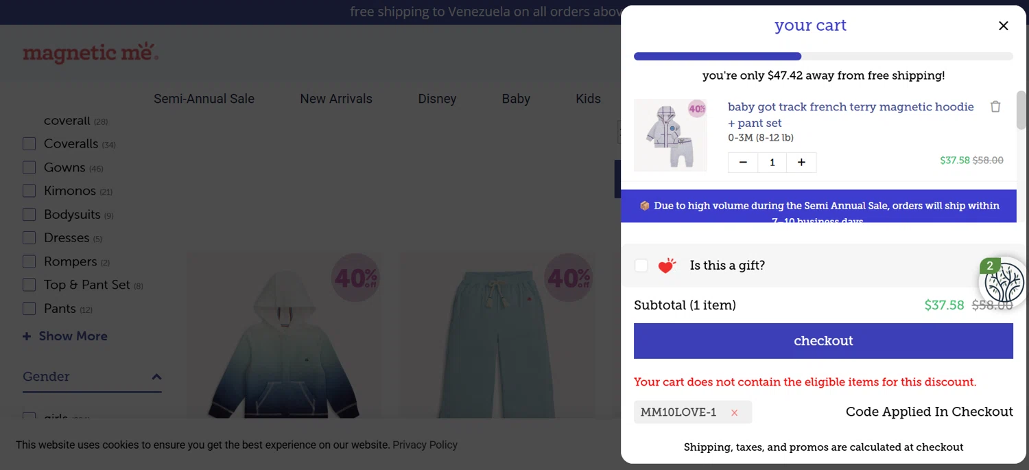 Magnetic Me discount code screenshot showing code MM10LOVE-1 applied at Magnetic Me checkout page. Uploaded by SimplyCodes community member Diegodelavega on Jul 7, 2025
