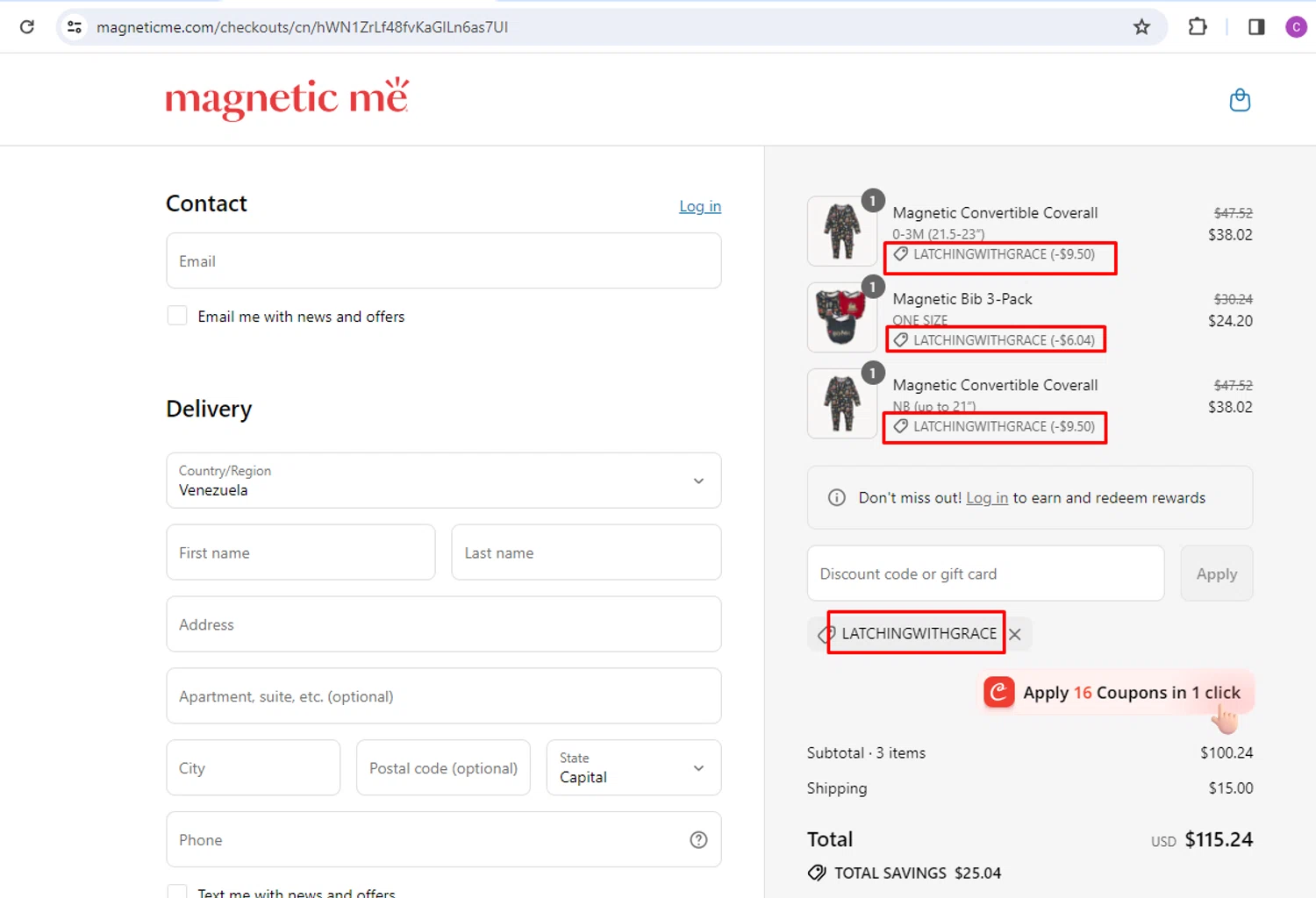 Magnetic Me discount code screenshot showing code LATCHINGWITHGRACE applied at Magnetic Me checkout page. Uploaded by SimplyCodes community member nileskamarcano on Aug 8, 2025