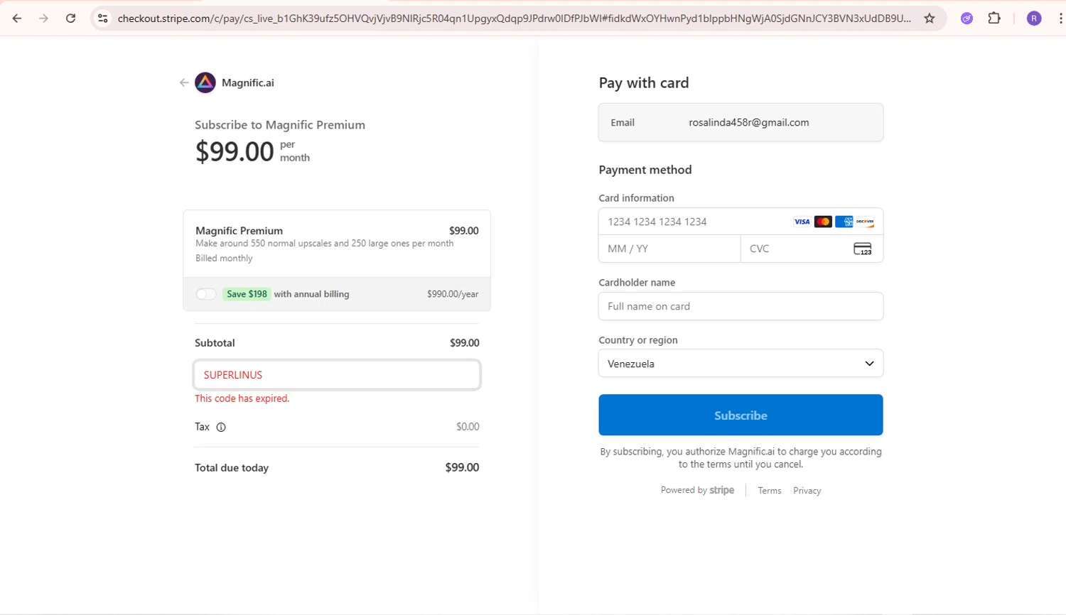 Magnific AI promo code screenshot showing code SUPERLINUS applied at Magnific AI checkout page. Uploaded by SimplyCodes community member PennyMaverick730 on Jan 9, 2026