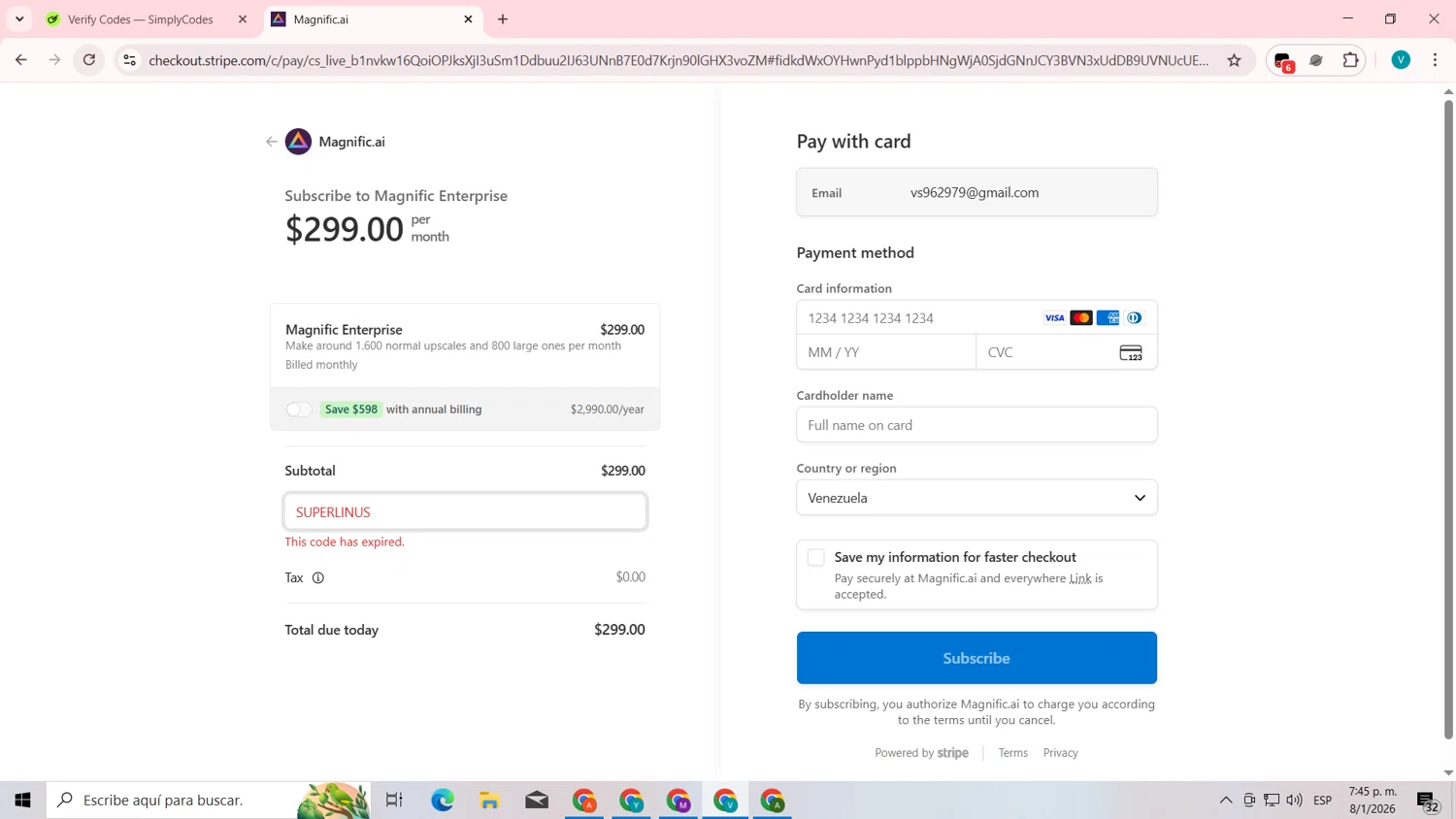 Magnific AI promo code screenshot showing code SUPERLINUS applied at Magnific AI checkout page. Uploaded by SimplyCodes community member lyffytaro on Jan 8, 2026