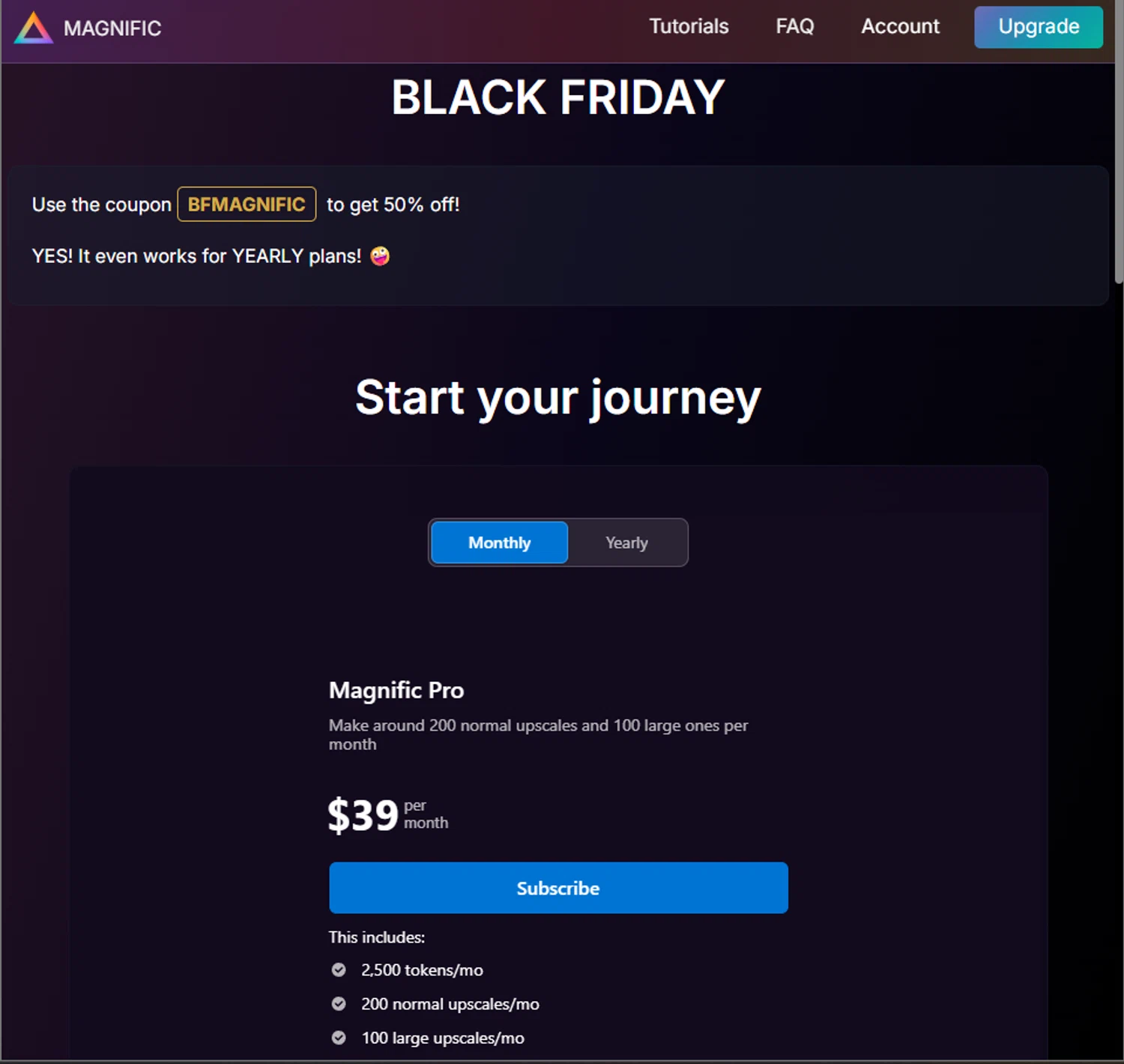 Magnific AI promo code screenshot showing code BFMAGNIFIC applied at Magnific AI checkout page. Uploaded by SimplyCodes community member PillarsofCreation on Nov 25, 2025