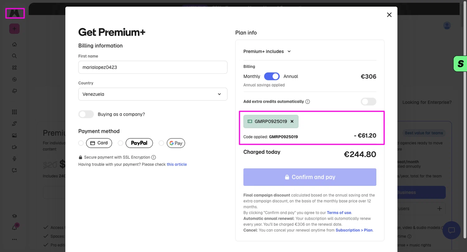 Magnific AI promo code screenshot showing code GMRP0925019 applied at Magnific AI checkout page. Uploaded by SimplyCodes community member mrdarcy on Jun 3, 2026