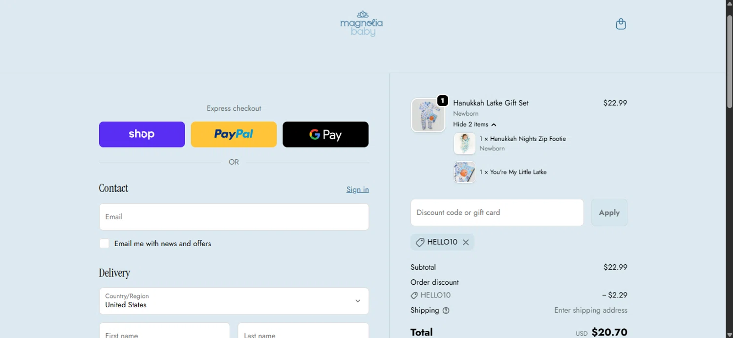 Magnolia Baby discount code screenshot showing code HELLO10 applied at Magnolia Baby checkout page. Uploaded by SimplyCodes community member ______________ on Dec 27, 2025