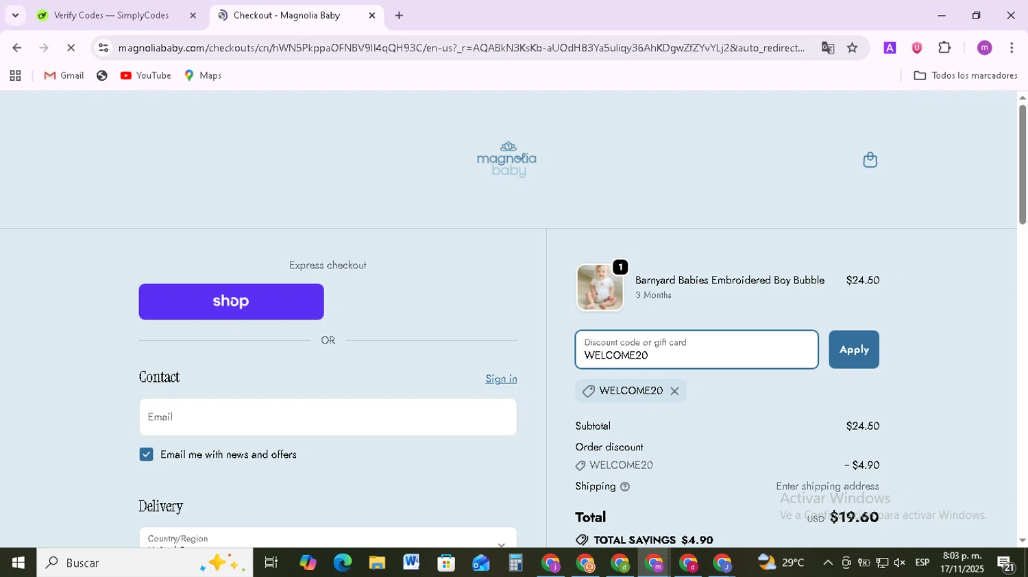 Magnolia Baby discount code screenshot showing code WELCOME20 applied at Magnolia Baby checkout page. Uploaded by SimplyCodes community member BudgetMonarch8952 on Nov 18, 2025
