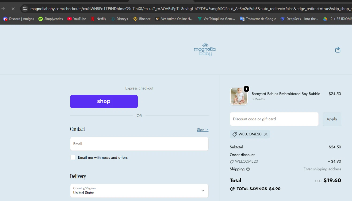 Magnolia Baby discount code screenshot showing code WELCOME20 applied at Magnolia Baby checkout page. Uploaded by SimplyCodes community member Hisoka on Nov 18, 2025