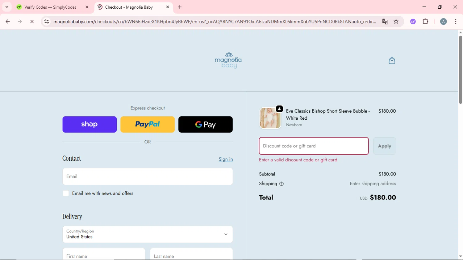 Magnolia Baby discount code screenshot showing code MTBLK20 applied at Magnolia Baby checkout page. Uploaded by SimplyCodes community member CrownSpotter6947 on Dec 6, 2025