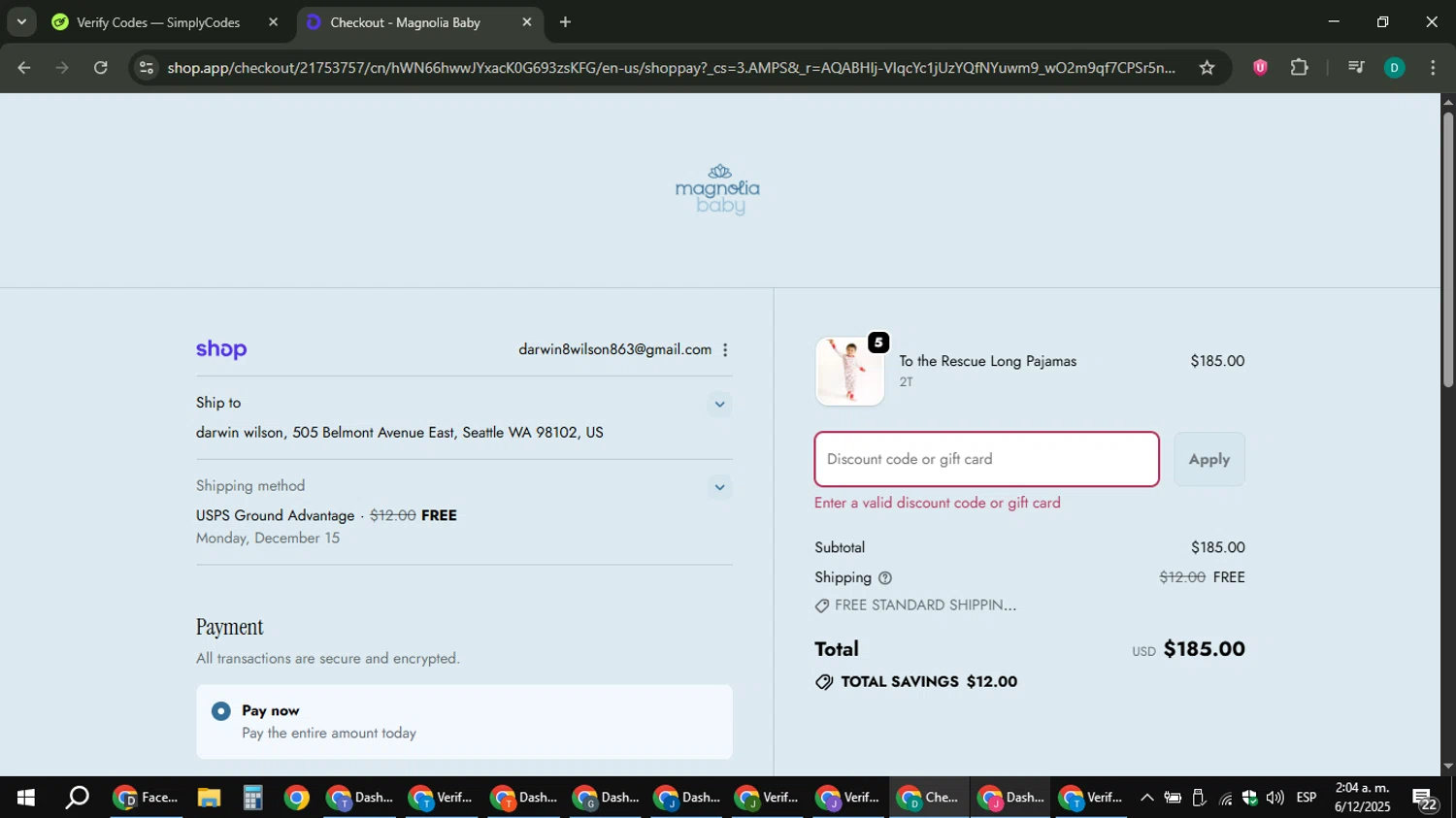 Magnolia Baby discount code screenshot showing code MTBLK20 applied at Magnolia Baby checkout page. Uploaded by SimplyCodes community member ThriftyLion6776 on Dec 6, 2025