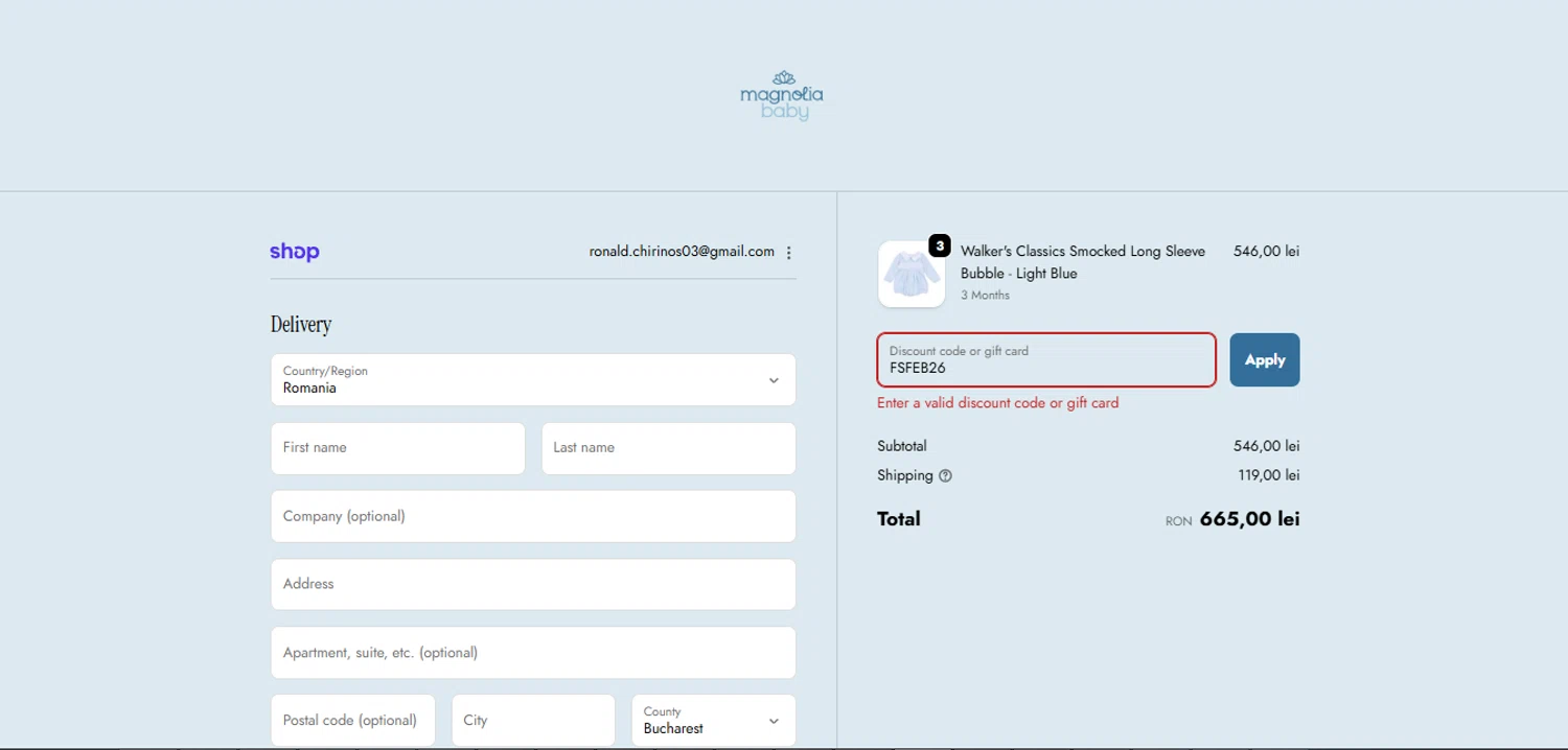 Magnolia Baby discount code screenshot showing code FSFEB26 applied at Magnolia Baby checkout page. Uploaded by SimplyCodes community member PennySage5996 on Feb 10, 2026