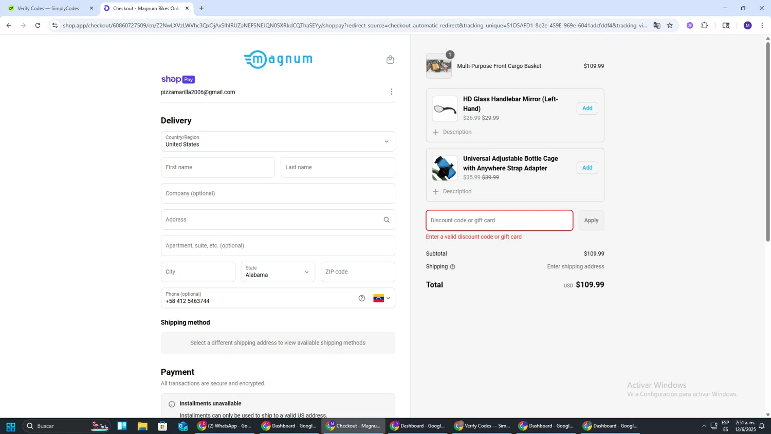 Magnum Bikes promo code screenshot showing code FREEBASKET24 applied at Magnum Bikes checkout page. Uploaded by SimplyCodes community member CRF250CC on Jun 12, 2025