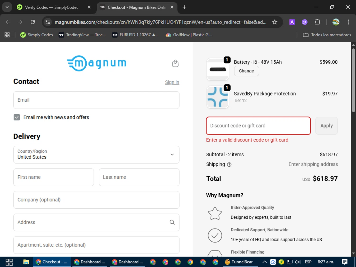 Magnum Bikes promo code screenshot showing code COSTCOGEAR25 applied at Magnum Bikes checkout page. Uploaded by SimplyCodes community member CoinMaven5220 on Oct 7, 2025