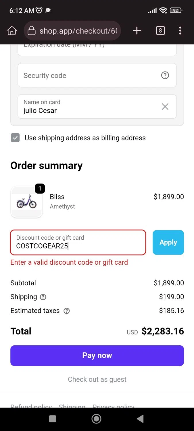 Magnum Bikes promo code screenshot showing code COSTCOGEAR25 applied at Magnum Bikes checkout page. Uploaded by SimplyCodes community member CrownLion2750 on Oct 7, 2025